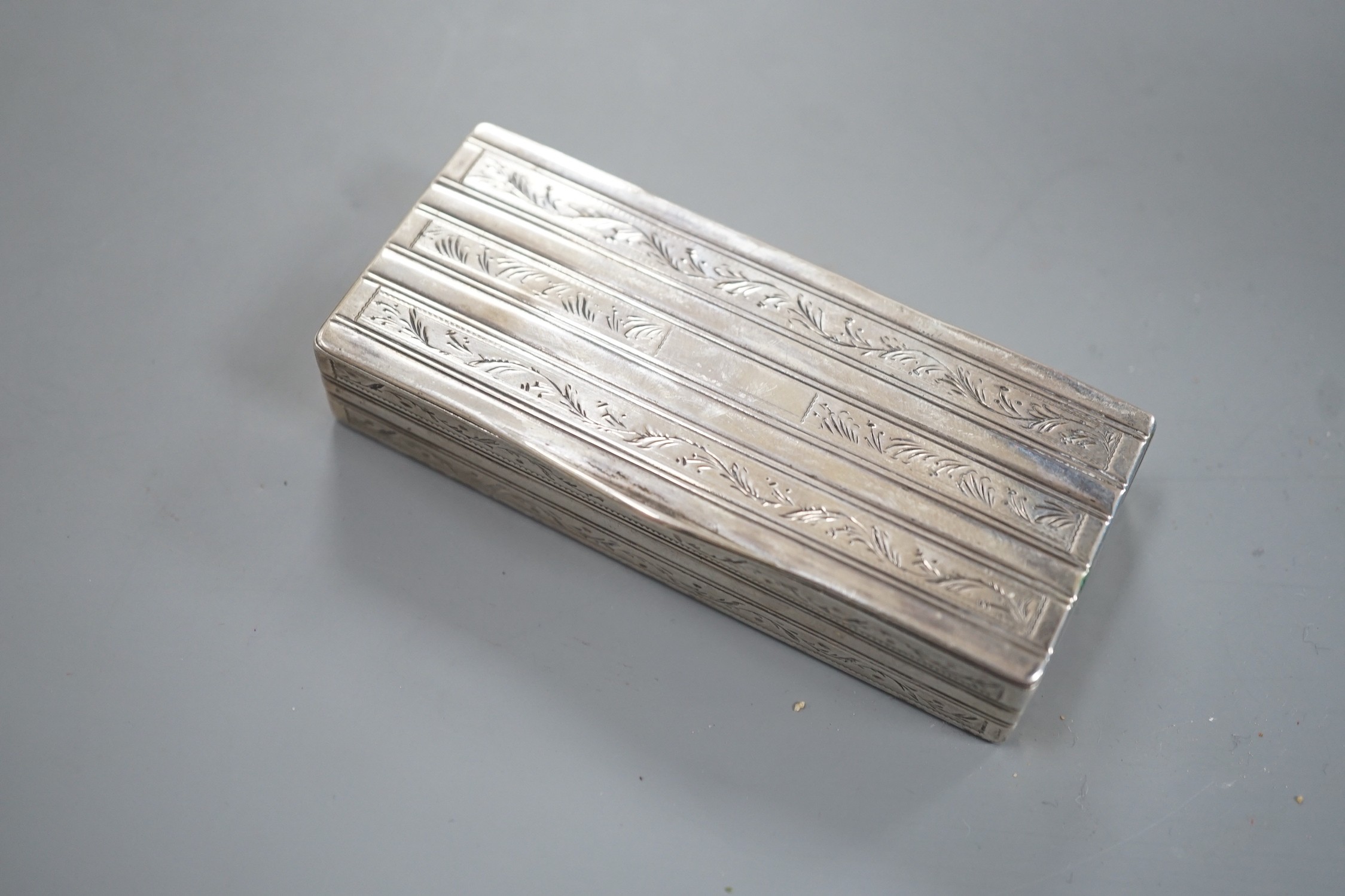 A mid 19th century Portuguese white metal rectangular snuff box, Oporto 1843-1853 mark, 87mm, 83 grams.